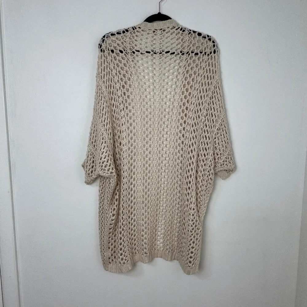 Cream Open Knit Netted Cardigan Beige Oatmeal Crochet Boho Kimono Sweater OS